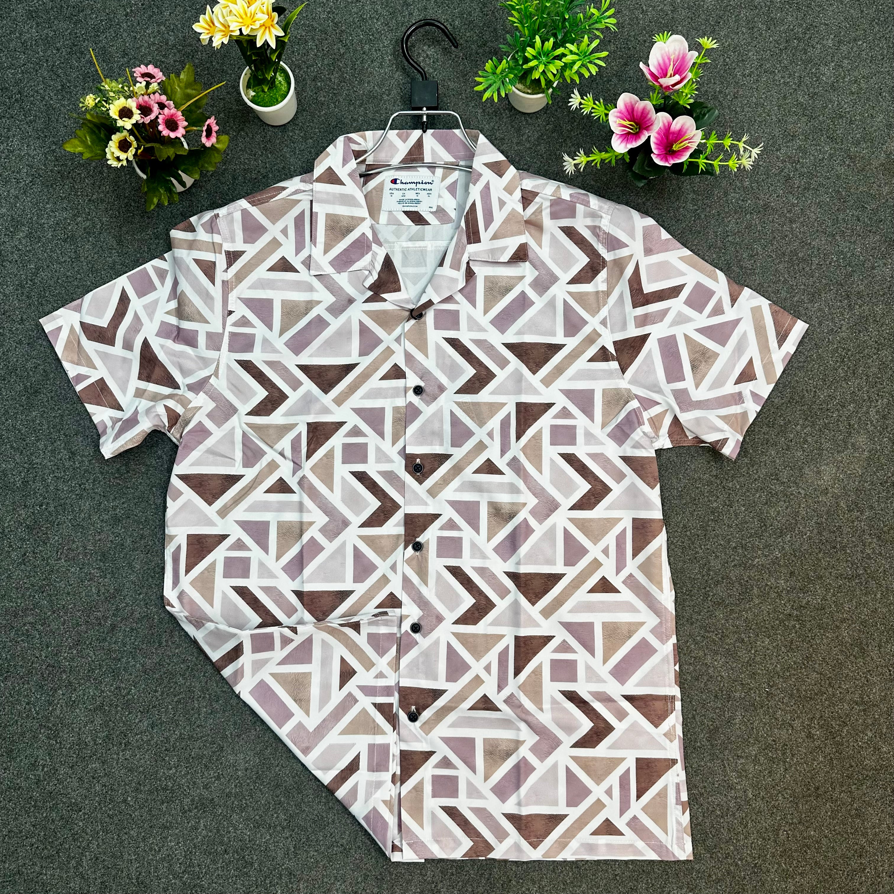 Brown Geometric Maze Print Short Sleeve Shirt – Trendy Casual Wear for Men