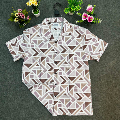 Brown Geometric Maze Print Short Sleeve Shirt – Trendy Casual Wear for Men