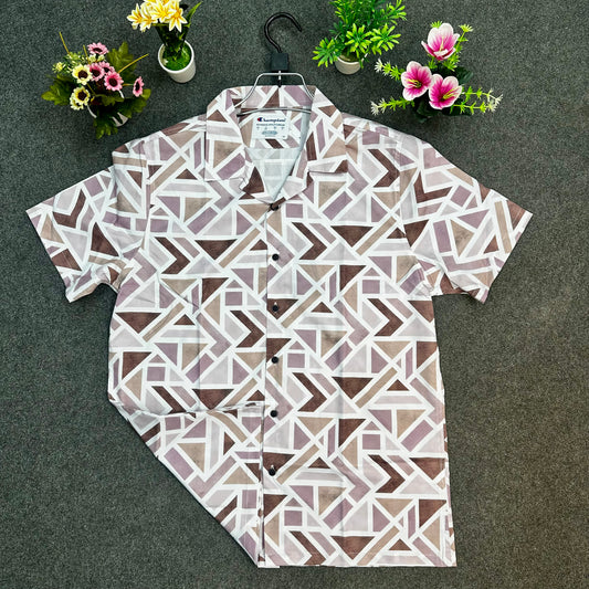 Brown Geometric Maze Print Short Sleeve Shirt – Trendy Casual Wear for Men