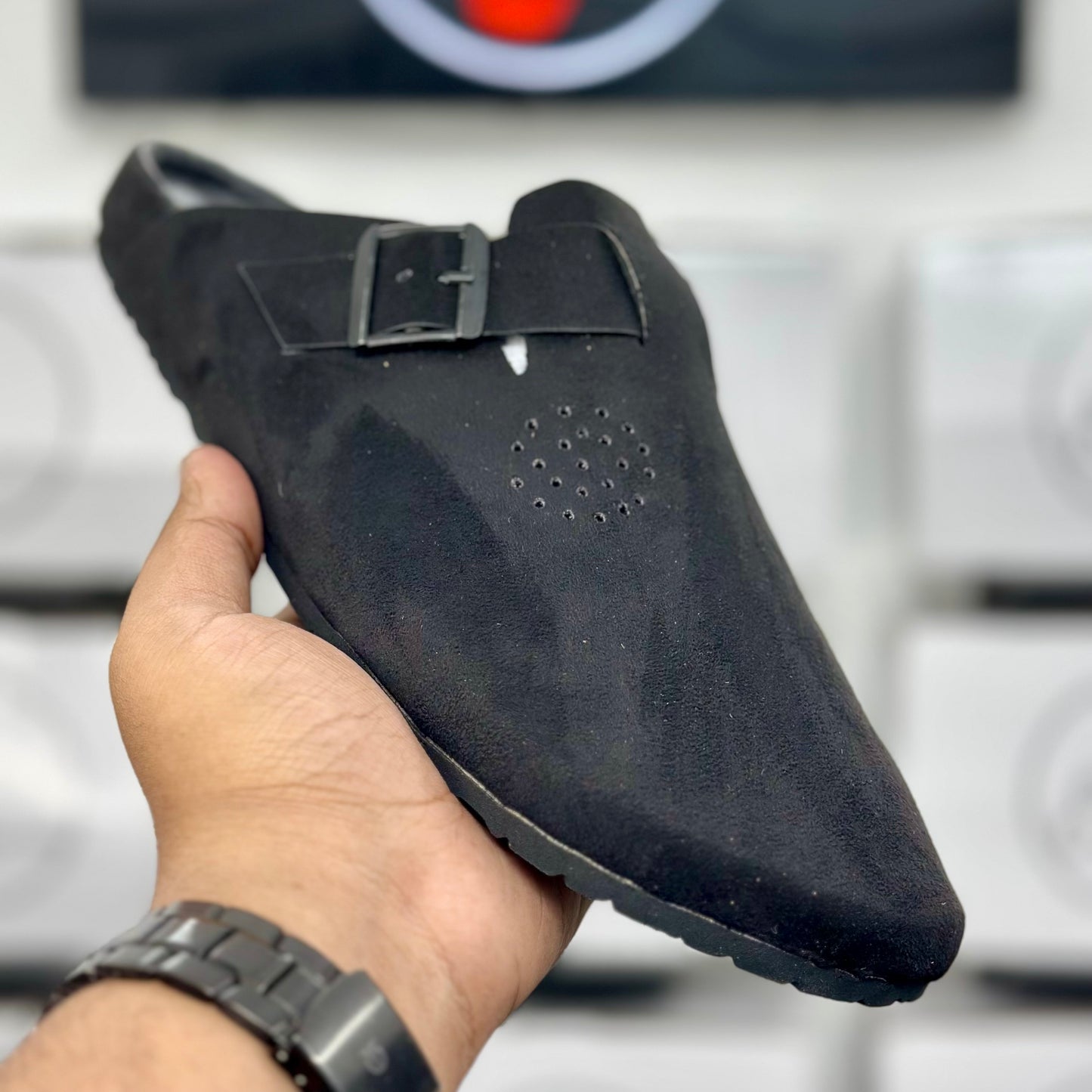 Esrakz Classic Black Suede Slip-On Buckle Mule