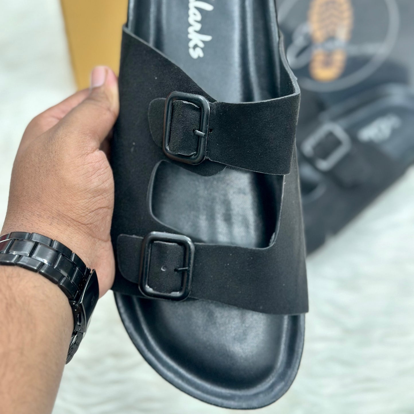 Esrakz Double Buckle Suede Slide Sandals – Black 02