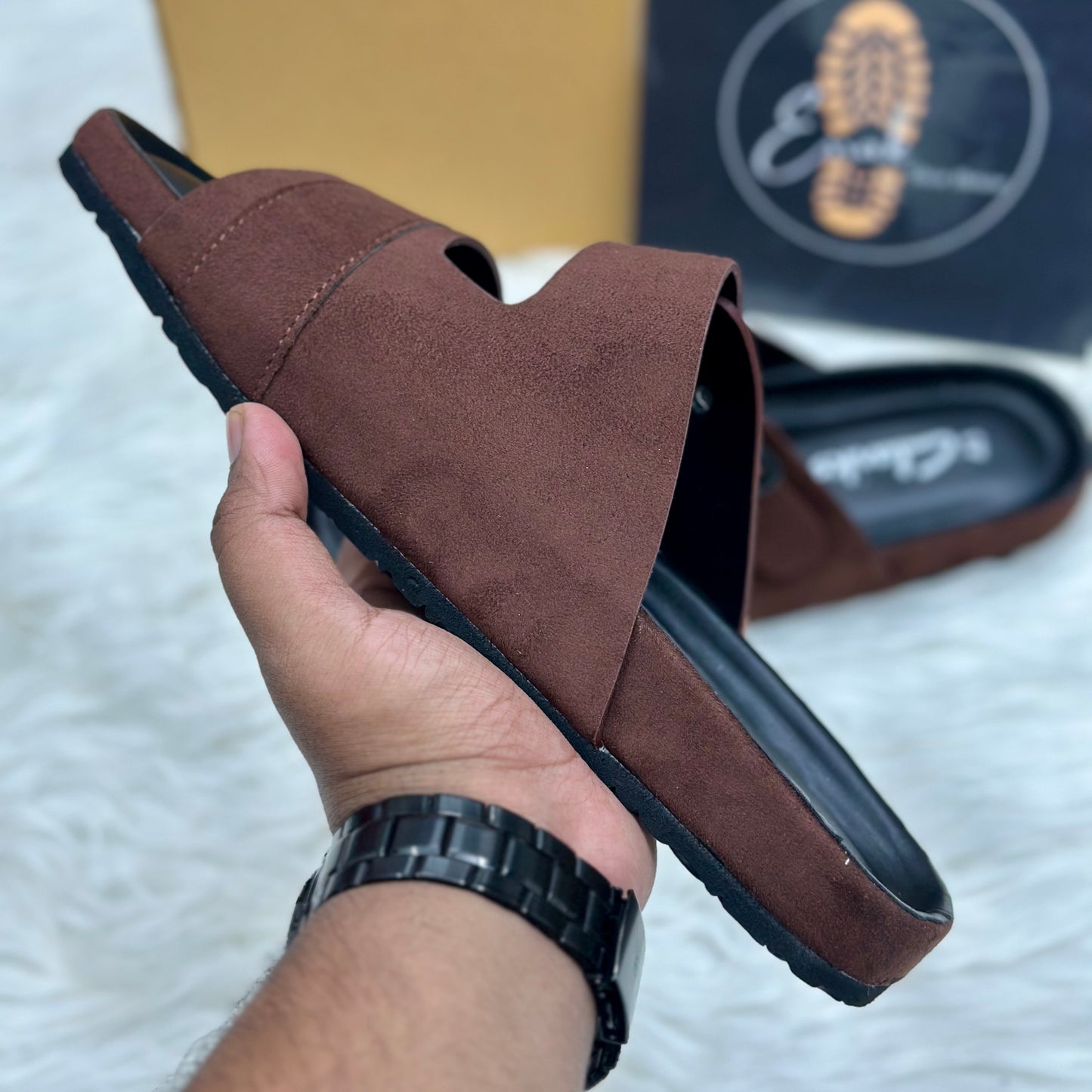 Esrakz Double Buckle Suede Slide Sandals – Chocolate 01