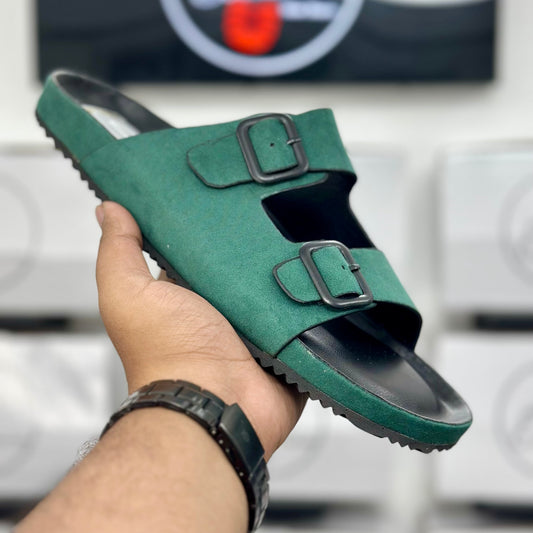 Esrakz Buckle Slides in Green Suede-Look