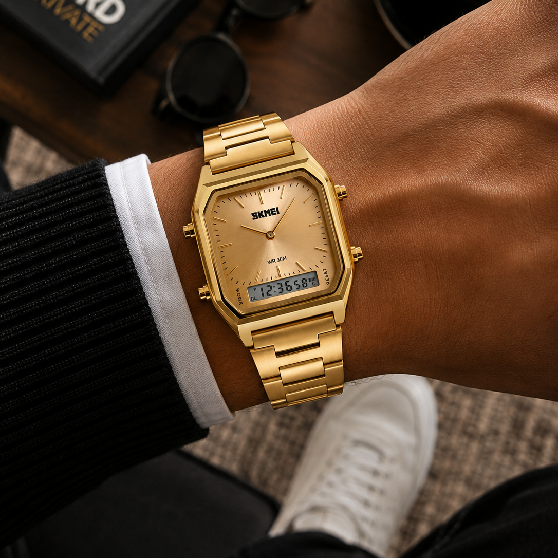 SKMEI 1220 Men’s Dual Display Digital Sports Watch | Water Resistant -Gold