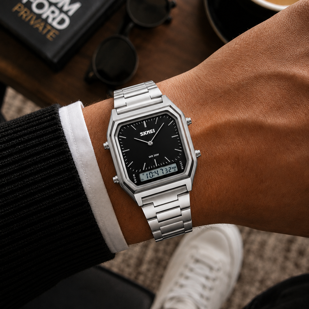 SKMEI 1220 Men’s Stainless Steel Analog-Digital Watch – Silver Black