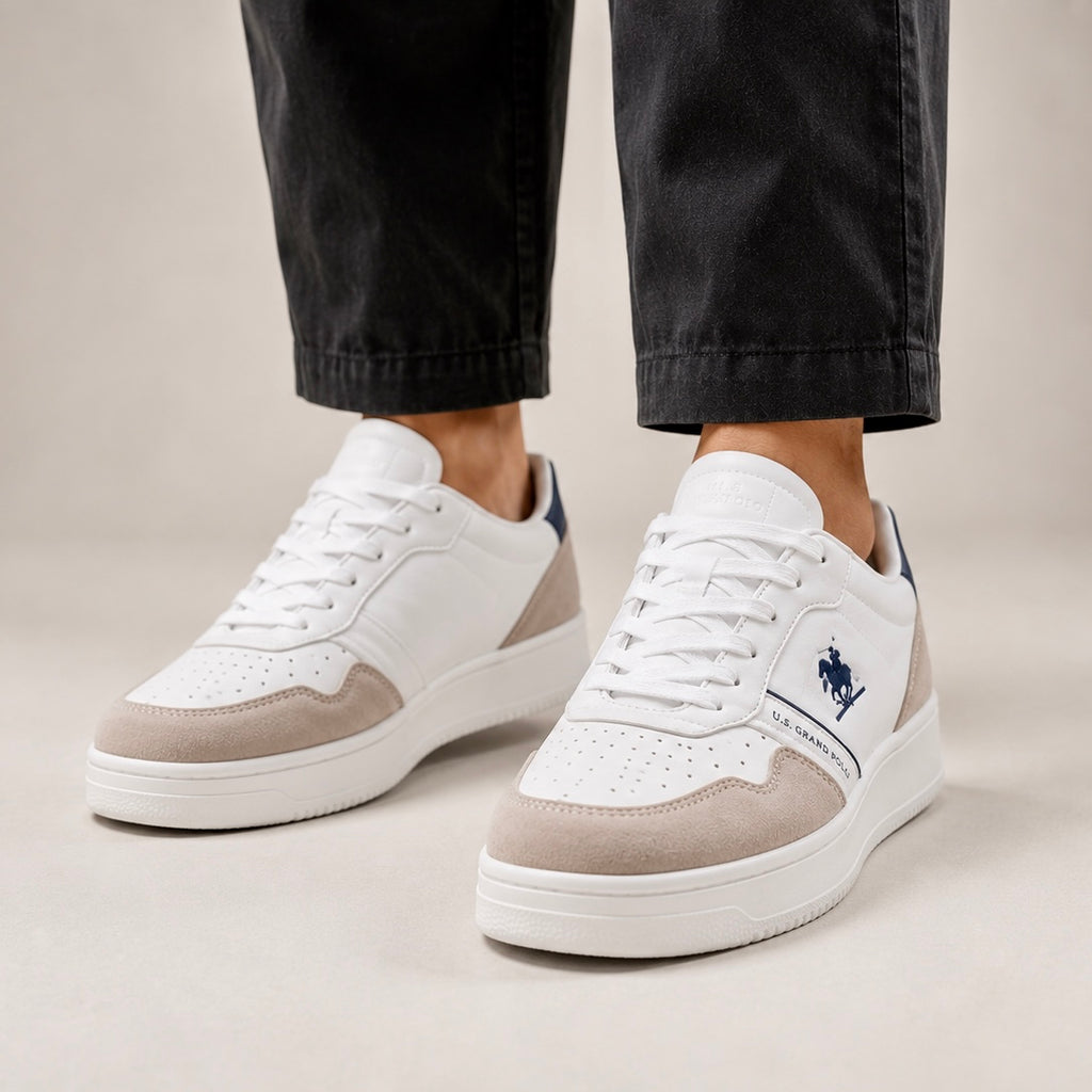U.S. Grand Polo Men’s Premium White & Beige Casual Court Sneakers – Lace-Up Lifestyle Shoes