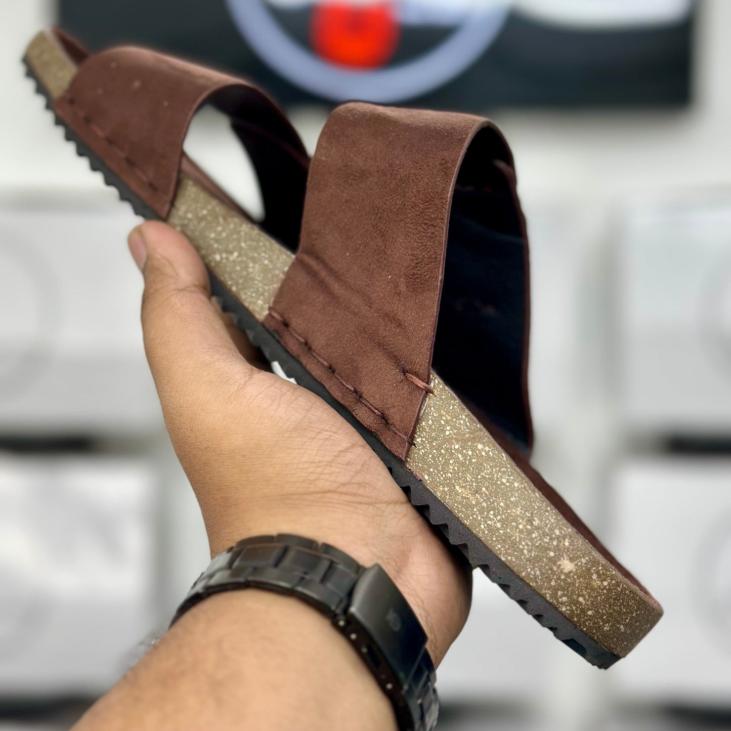 Esrakz Rich Brown Dual-Strap Cork Footbed Comfort Slides