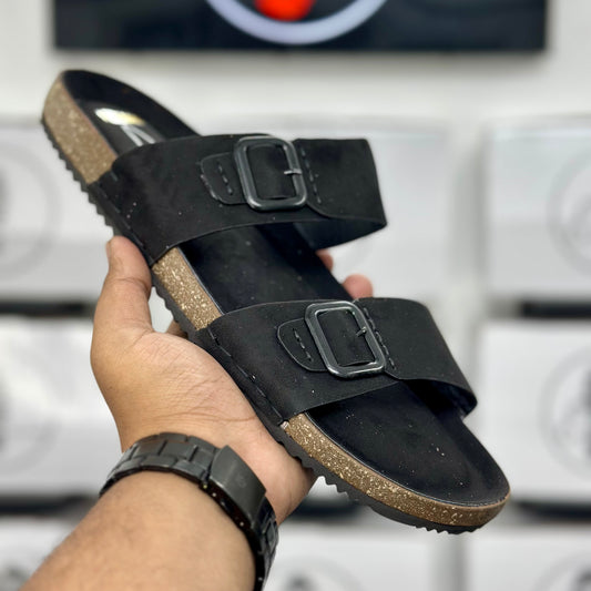 Esrakz Black Two-Strap Slide with Adjustable Matte Buckles