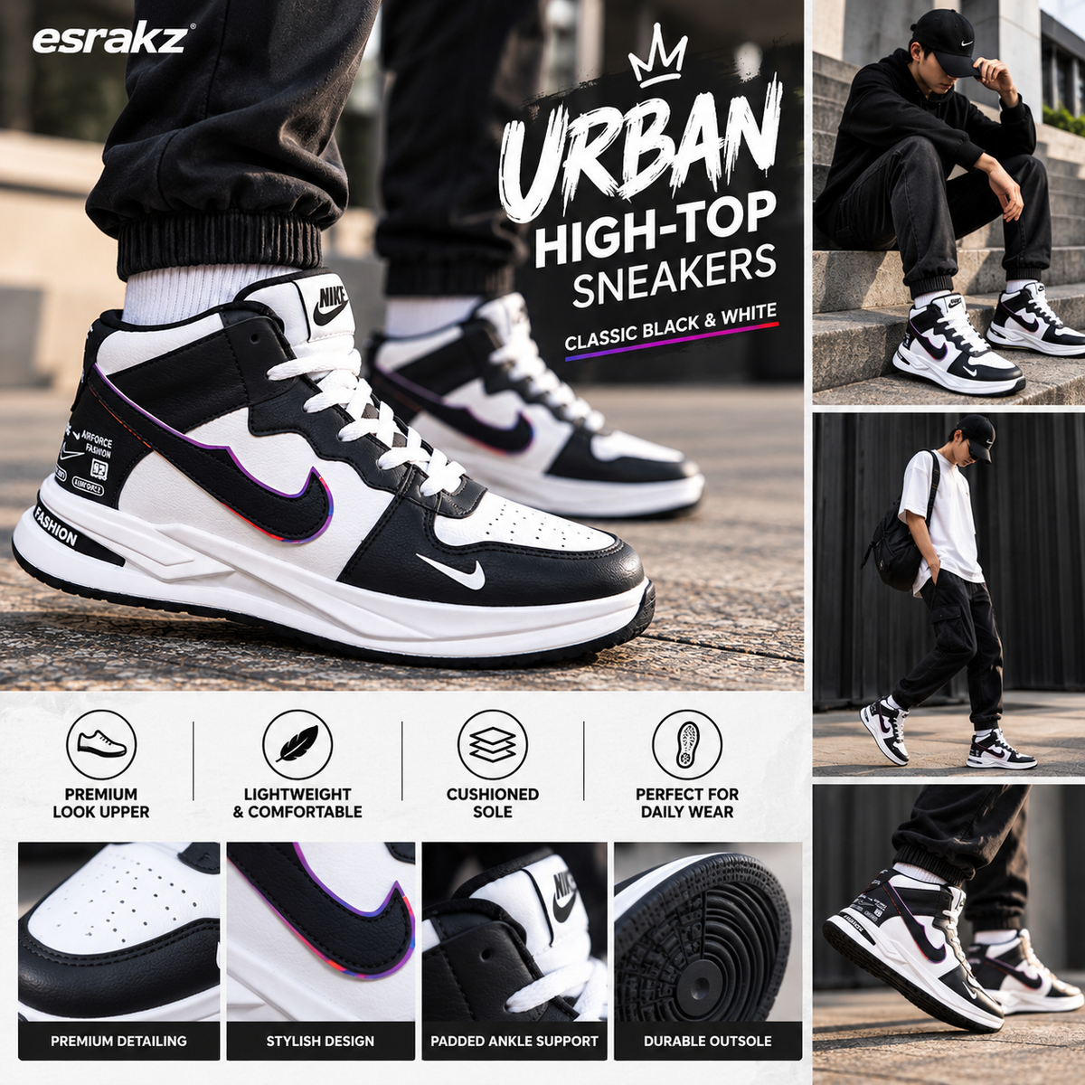 Esrakz Urban High-Top Sneakers Classic Black & White