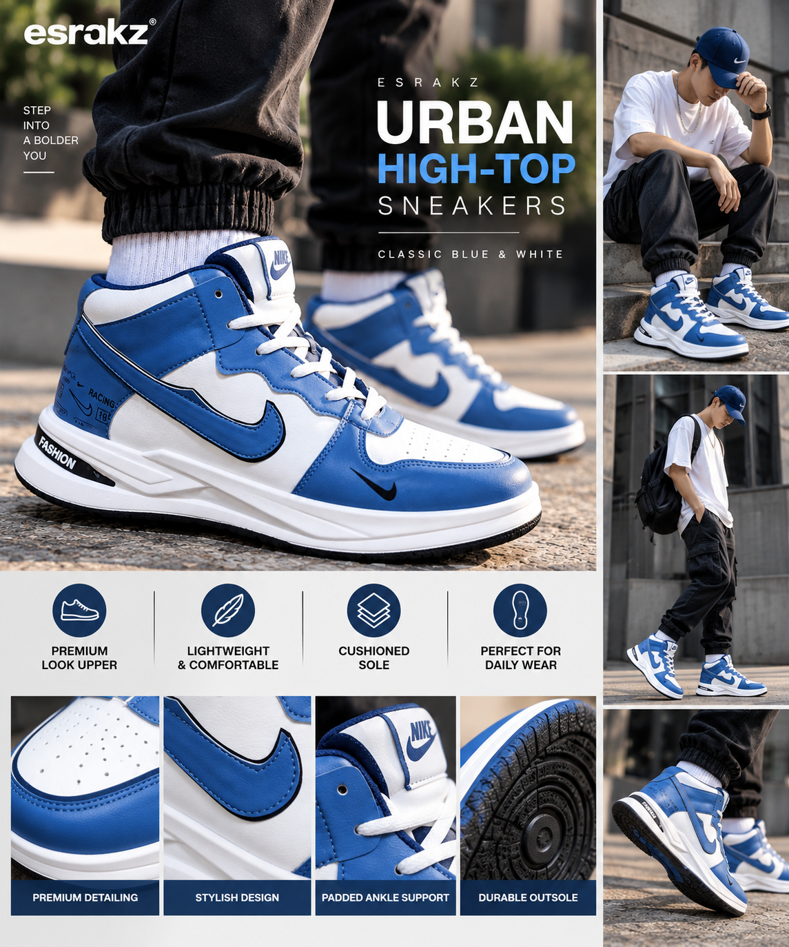 Esrakz Urban High-Top Sneakers Royal Blue & White