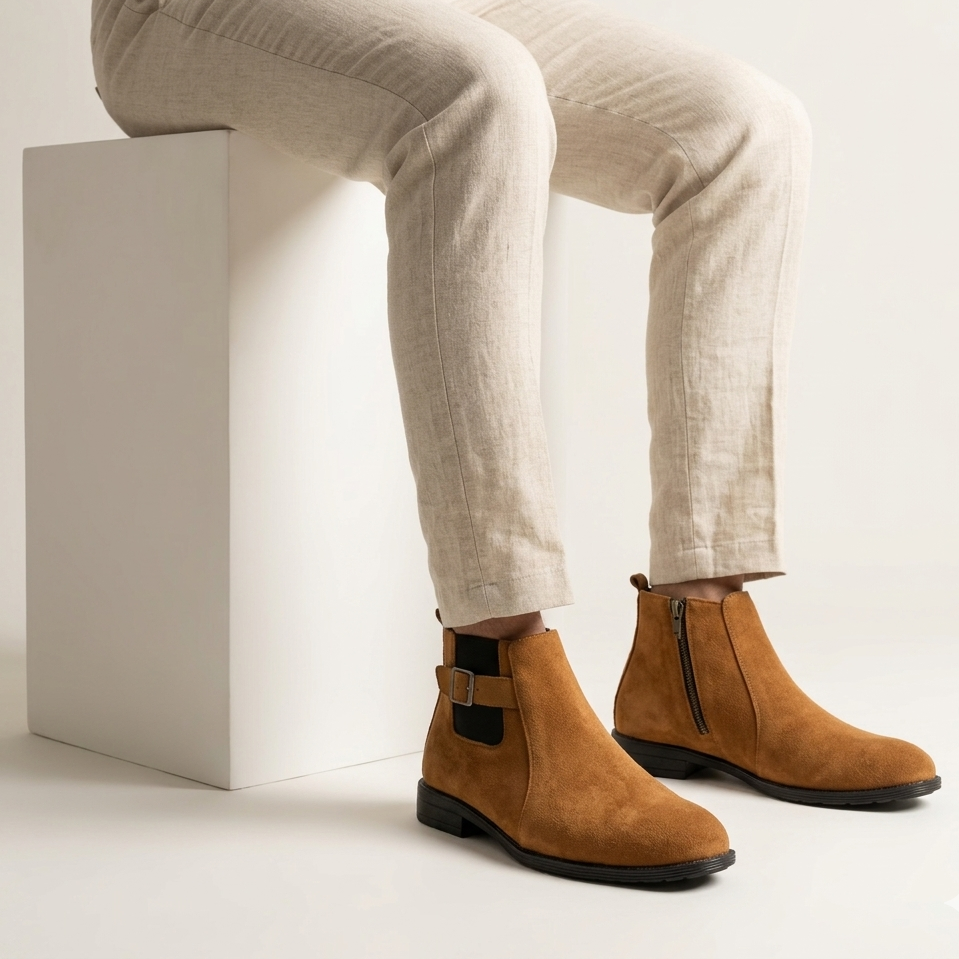 Esrakz Mustard Suede Chelsea Boots – Ankle Fit Chain