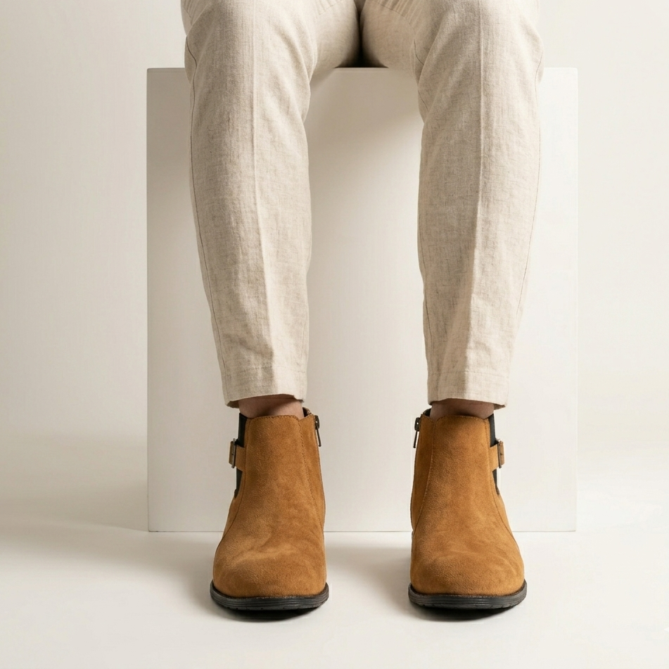 Esrakz Mustard Suede Chelsea Boots – Ankle Fit Chain