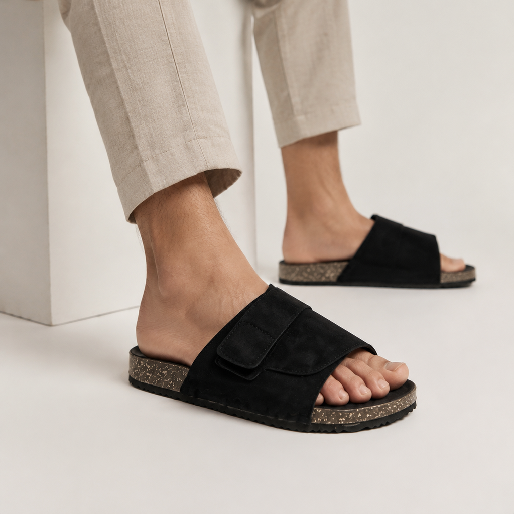 Esrakz Black Suede Adjustable Comfort Slides – Men’s Slip-On Sandals with Buckle Strap