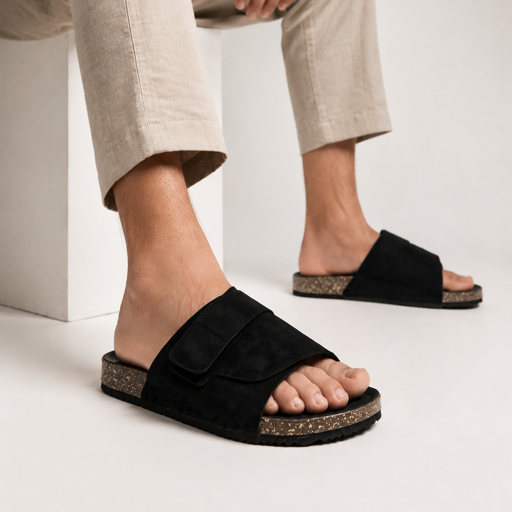 Esrakz Black Suede Adjustable Comfort Slides – Men’s Slip-On Sandals with Buckle Strap