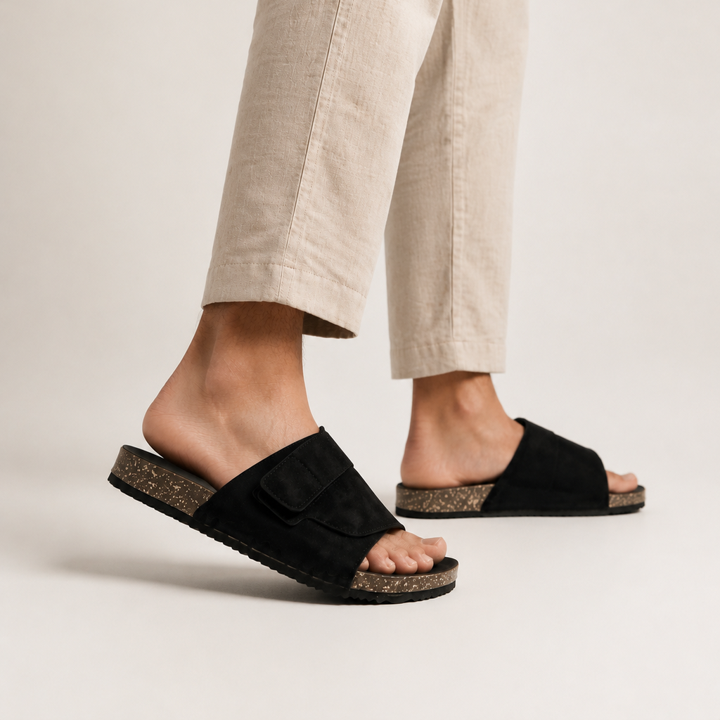 Esrakz Black Suede Adjustable Comfort Slides – Men’s Slip-On Sandals with Buckle Strap